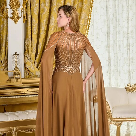 New A-Line Soft Chiffon Beaded Mother Of Bride Gown w/ Cape Sleeves GL3785 - Picture 10 of 14